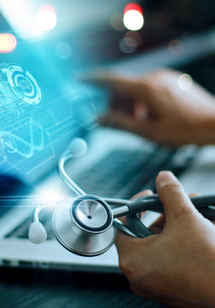 Medicine doctor analysis and diagnosis checking health of patient online and testing result with modern virtual interface on laptop with stethoscope in hand, Online Medical global network concept. Person holding a stethoscope in front of a laptop with digital medical graphics displayed on the screen.